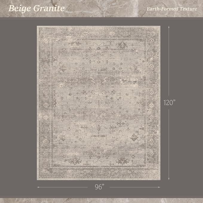 Greige 8x10 Washable Area Rug for Living Room, Organic Modern Distressed Geometric Rug with Granite Texture, Soft Low Pile Non-Slip Carpet for Bedroom & Dining Room