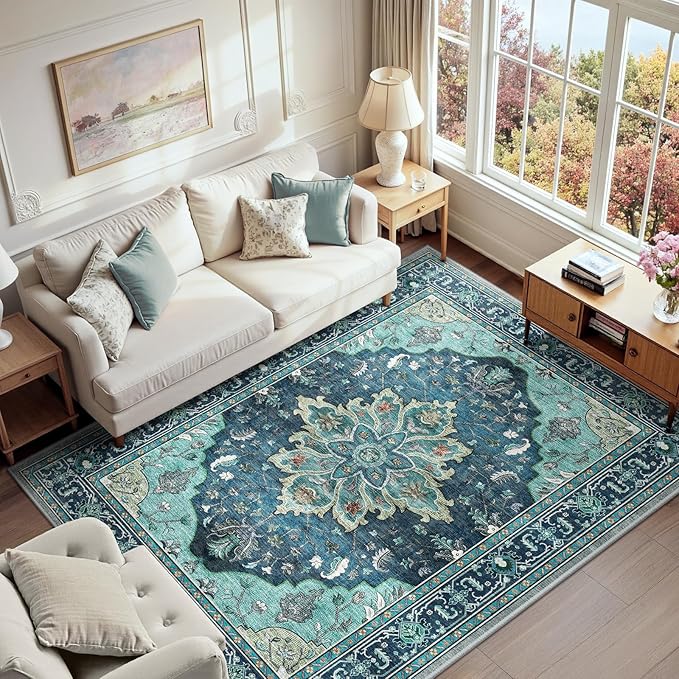 RELEANY Area Rugs 6'x9' Washable Non-Slip, Floral Vintage Distress Print Pattern Medallion Carpet for Living Room Bedroom Dining Room, Teal Green Lake Blue Turquoise