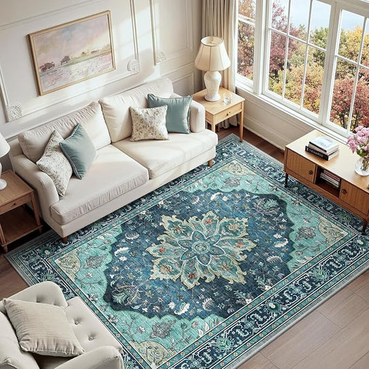 RELEANY Area Rugs 6'x9' Washable Non-Slip, Floral Vintage Distress Print Pattern Medallion Carpet for Living Room Bedroom Dining Room, Teal Green Lake Blue Turquoise