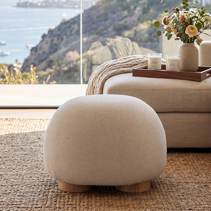 Christopher Knight Home Aria 20.08" Round Fabric Ottoman Stool, Upholstered Footrest with Foam Seat, Modern Accent Ottomans with Wood Legs, Small Footrest for Entryway Living Room, Oatmeal