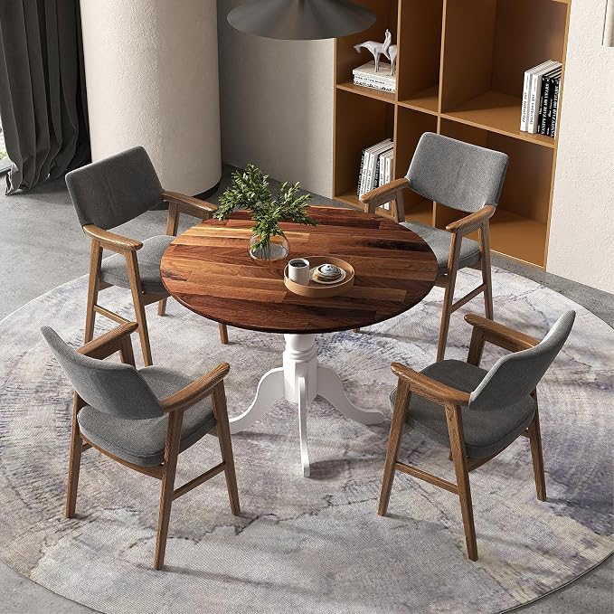 Giantex Round Dining Table, 39" D X 29" H, Rubber Wood Pedestal Table W/Round Tabletop & Curved Trestle Legs, 4-Person Dinner Table for Kitchen, Dining Room, Restaurant (Walnut & White)