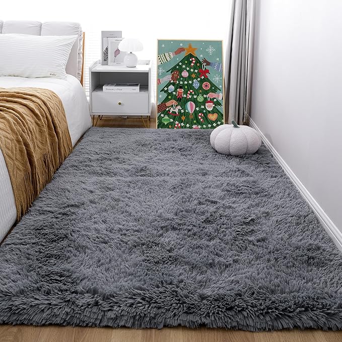 KICHOWUA 4x6 Grey Fluffy Shag Rug for Bedroom, Soft Plush Fuzzy Washable Non Slip Carpet for Living Room, Gray Modern Floor Cozy Furry Shaggy Throw Area Rugs for Kids Boys Baby Nursery Dorm Room