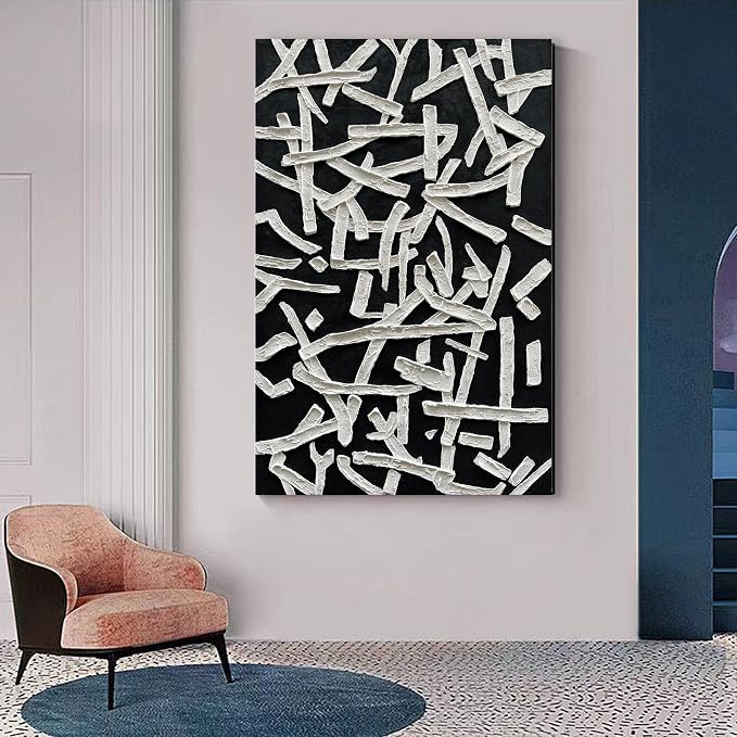 NANKAI Art Hand Painted Oil on Canvas in Black and White Modern Abstract Minimalist Oil Painting Home Wall Art Deco 45x30 inches