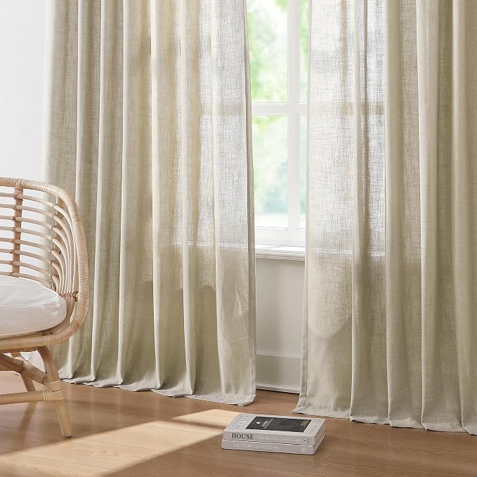 Vision Home Sand Pinch Pleated Semi Sheer Curtains Textured Linen Blended Light Filtering Window Curtains 102 inch for Living Room Bedroom Patio Pinch Pleat Drapes with Hooks 1 Panel 60" Wx102 L