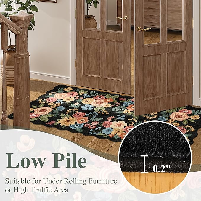DUKINO 2x6 Runner Rug for Hallway, Washable Kitchen Rug with Non Slip Backing & Non-Shediing, Soft Low Pile Floral Design Runner for Bedroom, Kithchen, Living Room, Laundry, Bathroom, Black