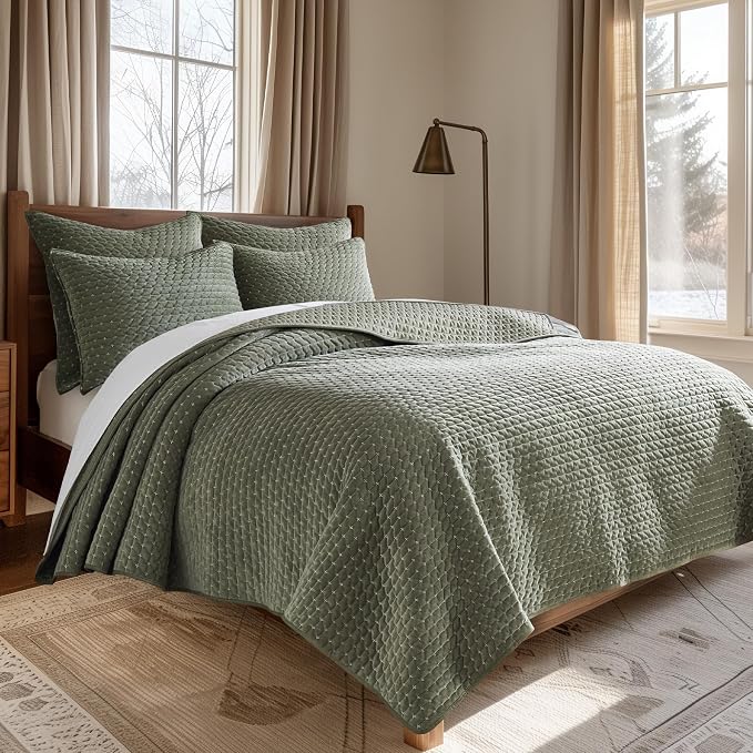 Levtex Home - Velvet Stitch Quilt Set - Full/Queen Quilt and Two Standard Shams - Cross Stitch Velvet - Green with White - Quilt (88x92in.) and Shams (20x26in.) - Reversible - Polyester