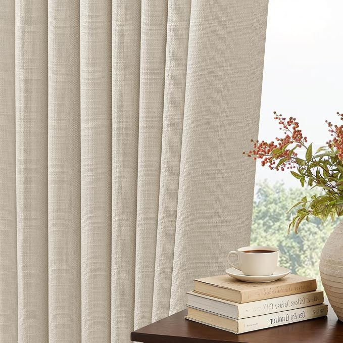 Beige Flax Linen Pleated Curtains 36 Inch Length 2 Panels for Kitchen Dining Room Pinch Pleat Drapes with Hooks Rings Semi Sheer Light Filtering Modern Farmhouse Short Curtains for Small Window