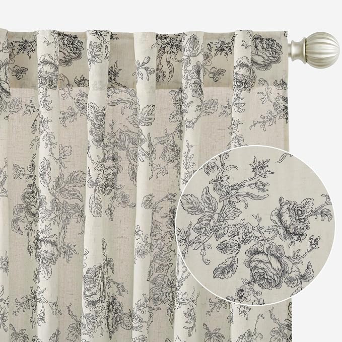StangH Linen Floral Curtains for Living Room, Black Printed 84 inch Length Farmhouse Light Filtering Flower Patterned Drapes for Bedroom Dining Room, W52 x L84, 2 Panels