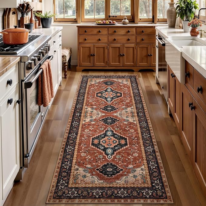 Tangsoo Vintage Orange 2X6 Washable Runner Rug for Hallways, Non Slip Hallway Rugs, Oriental Soft Low Pile Long Rug Carpet Runners for Kitchen Bedroom Entryway Bathroom Living Room Home Decor
