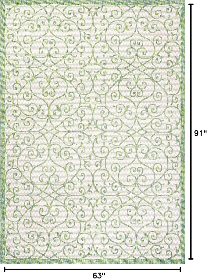 JONATHAN Y Vintage Filigree Indoor Outdoor Area Rug 5X8 Cream/Green, Madrid Textured Weave for Backyard, Patio, Porch, Easy-Cleaning, High Traffic, Pet-Friendly, Non-Shedding (SMB107J-5)