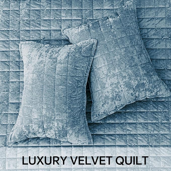 BEDELITE Velvet Quilt Set Queen Size - Luxury Soft Velvet Comforter Bedding Set for All Season, Lightweight Quilted Box Stitch Oversized Bedspread Coverlet with 2 Matching Shams, Shiny Dusty Blue