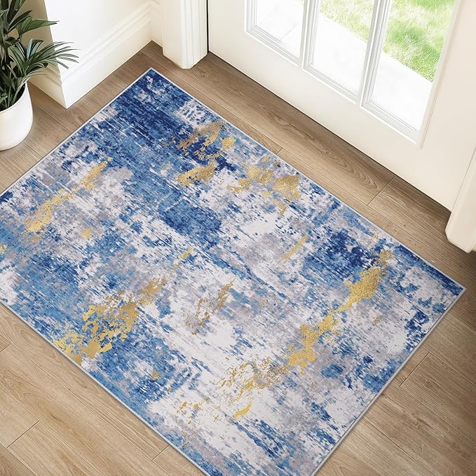 RELEANY Washable Area Rugs 2'x3' Non-Slip Modern Abstract Soft for Living Room Entryway Bedroom Nursery, Print Pattern, Grey Blue Gold/Golden