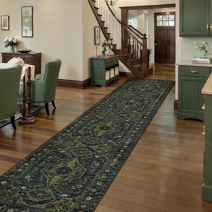 Tangsoo Oriental 2.6x12 Washable Hallway Runner Rug, Non Slip Vintage Long Runner Rug for Hallways, Soft Low Pile Rug Runner, Boho Print Carpet Runners for Kitchen Bedroom Entryway Living Room Green