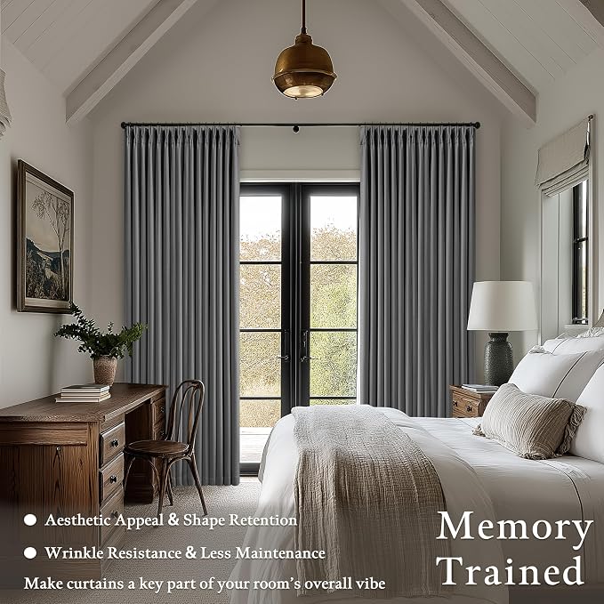 Dark Grey Pinch Pleated Blackout Curtains 102 Inches Long for Bedroom 100% Black Out Thick Linen Dual Layer Pleated Drapes Farmhouse Country Charcoal Gray 102 Inch Curtain for Dining Living Room