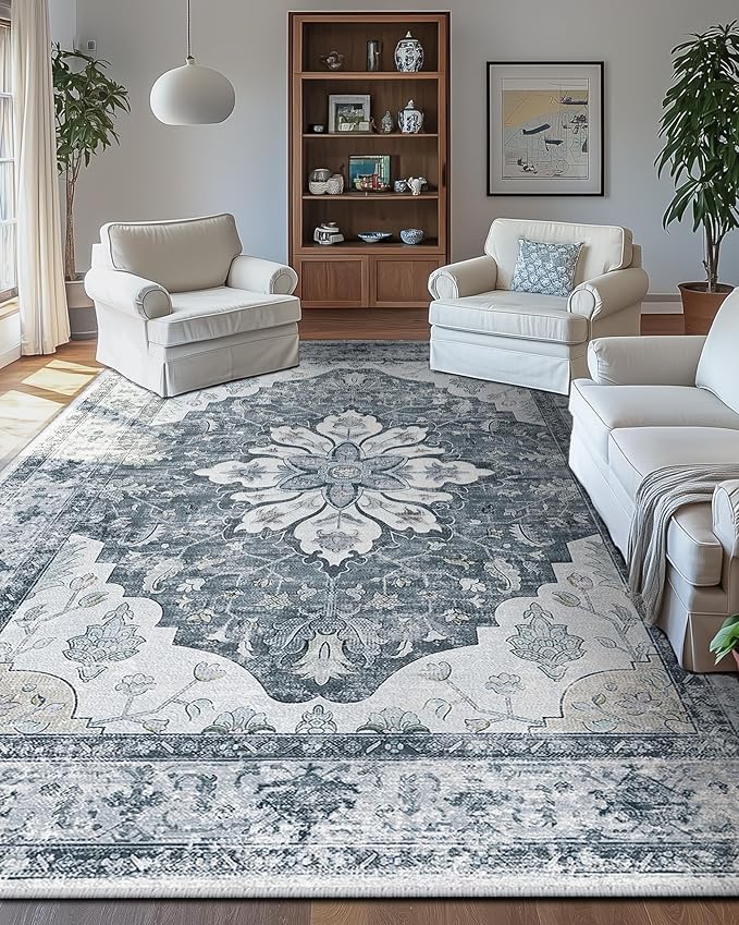 RELEANY Area Rugs 9'x12' Washable Non-Slip, Floral Vintage Distress Print Pattern Medallion Carpet for Living Room Bedroom Dining Room, Light Gray Grey White