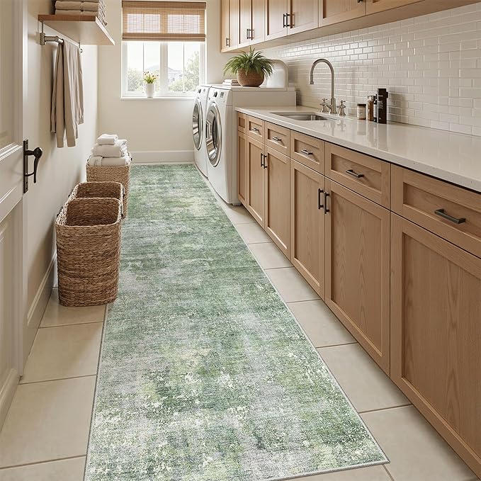 Soalmost Runner Rug 2x12 Washable Non-Slip Hallway Runner Rugs for Kitchen Bathroom Laundry Room Green/Ivory Vintage Floor Carpet Runners for Hallways Entryway