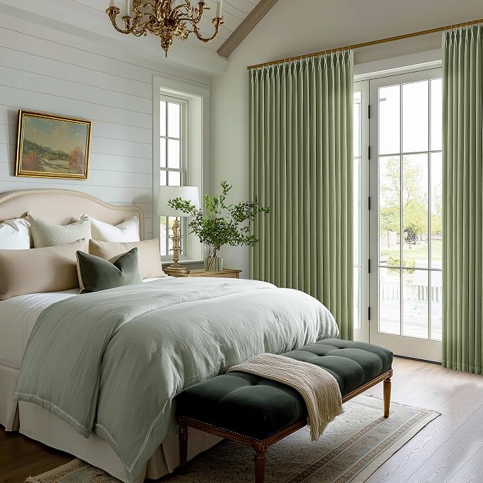 Olive Green Linen Semi Sheer Curtains 72 Inch Length 2 Panels Living Dining Room Pinch Pleated Light Filtering Boho Farmhouse Curtains for Bedroom Pinch Pleat Back Tab Moss Green Sunroom Cabin Closet