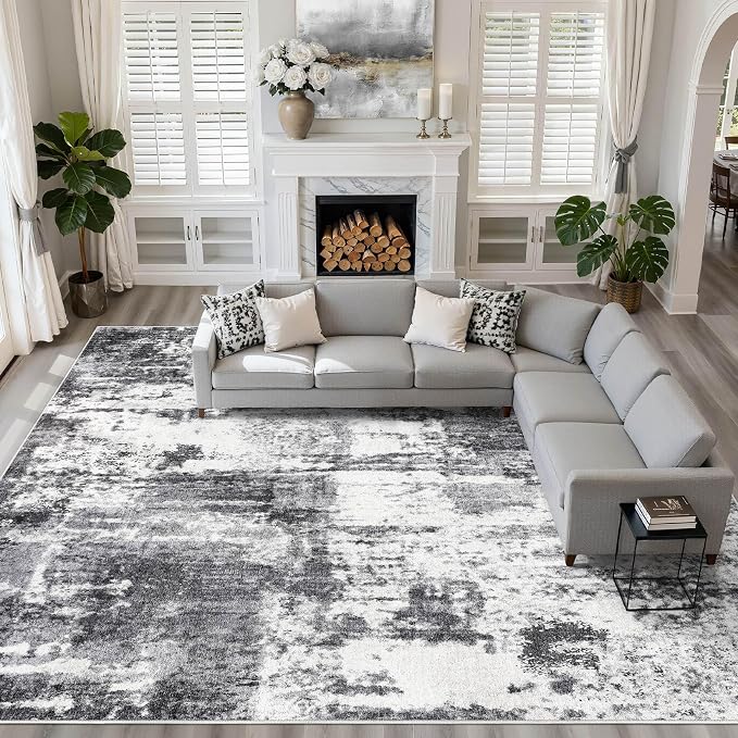 10x14 Area Rugs Living Room: Washable Large Neutral Rug Abstract Soft Modern Stain Resistant Indoor Floor Non-Slip Carpet for Bedroom Nursery Kids Office Playroom Dining Room Under Table- Black White