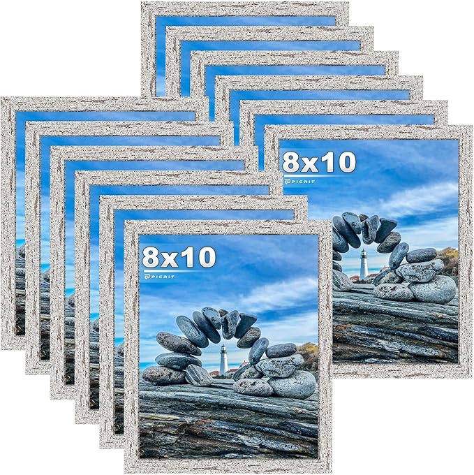 Picrit 8x10 Farmhouse Picture Frame Set of 12, Display 5x7 with Mat or 8x10 without Mat, Rustic Photo Frames for Wall Mounting or Table Top Display, Country Gray