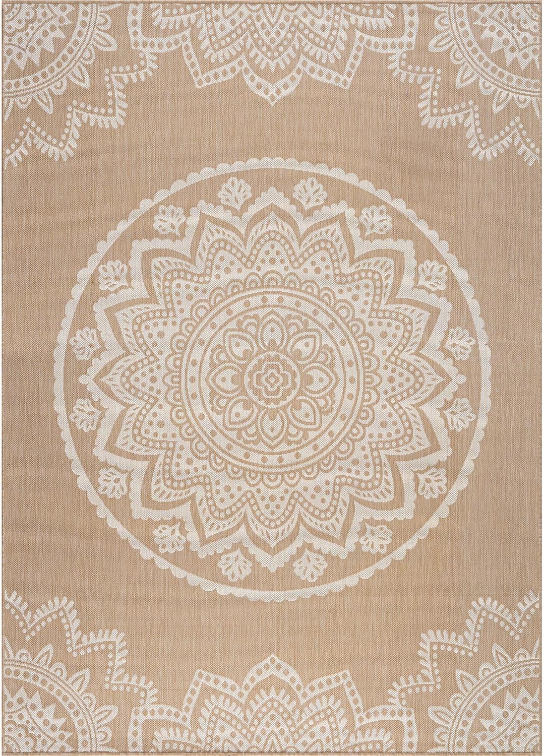 CAMILSON Outdoor Rug 5x7 Modern Area Rugs for Indoor and Outdoor Patios and Porches - Waterproof, Washable, Non-Shedding, Easy-to-Clean Outside Carpet (5 x 7, Medallion - Beige/White)
