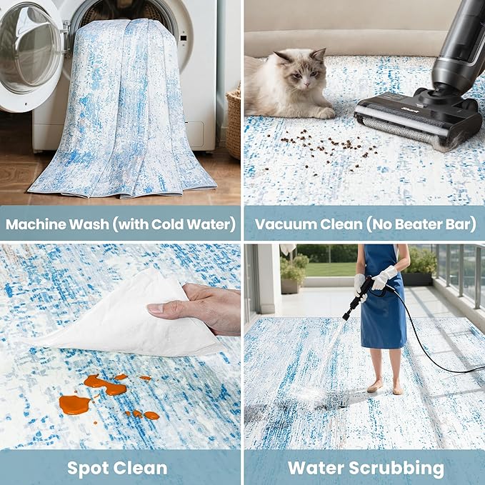 5x7 Area Rugs Washable Rug:Anti-Skid Abstract Modern Living Room Rug Soft Thin Carpets Indoor Floor Non-Shedding Carpet for Bedroom Dining Farmhouse Nursery Home Office(Light Blue/White/Beige, 5x7)