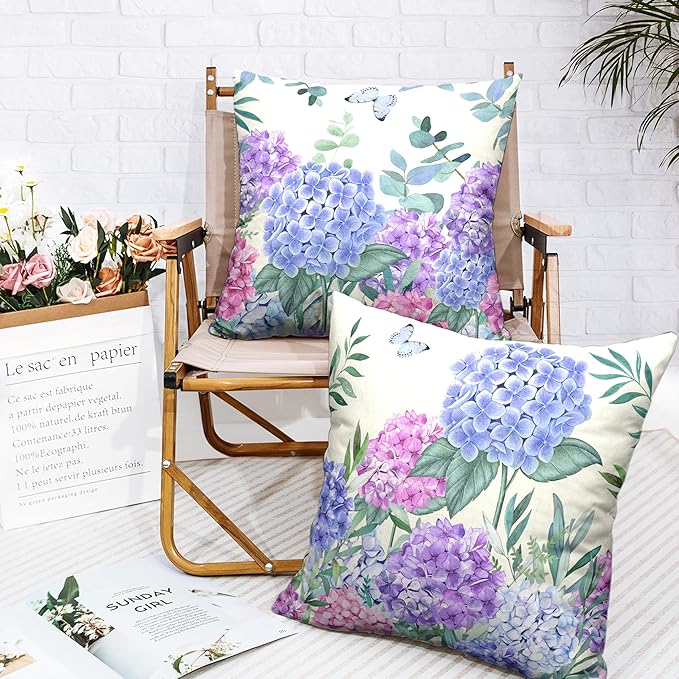 Hydrangea Pillow Covers 20x20 Set of 2 Spring Flowers Outdoor Pillow Covers Blue Purple Hydrangea Eucalyptus Throw Pillowcase Cotton Linen Cushion Case for Sofa Outdoor Patio