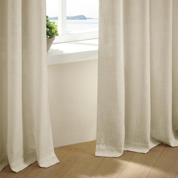 TWODRAPES Extra Wide Pinch Pleat 60 x 84 Inch Linen Curtains for Living Room Beige Light Filtering Semi Sheer Pleated Curtains for Patio Glass Sliding Door Dining Bedroom Large Window 60x84 1 Panel