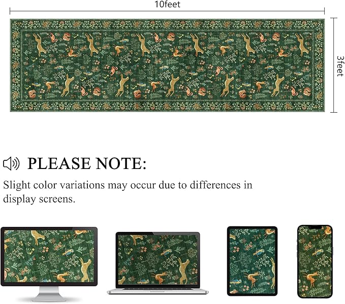DUKINO 3x10 Washable Runner Rug for Hallway, Lightweight Loog Kitchen Rug with Low Pile Design, Vintage Animal Non Shedding Thin Indoor Carpet for Entryway, Bathroom, Bedroom, Laundry Room, Green