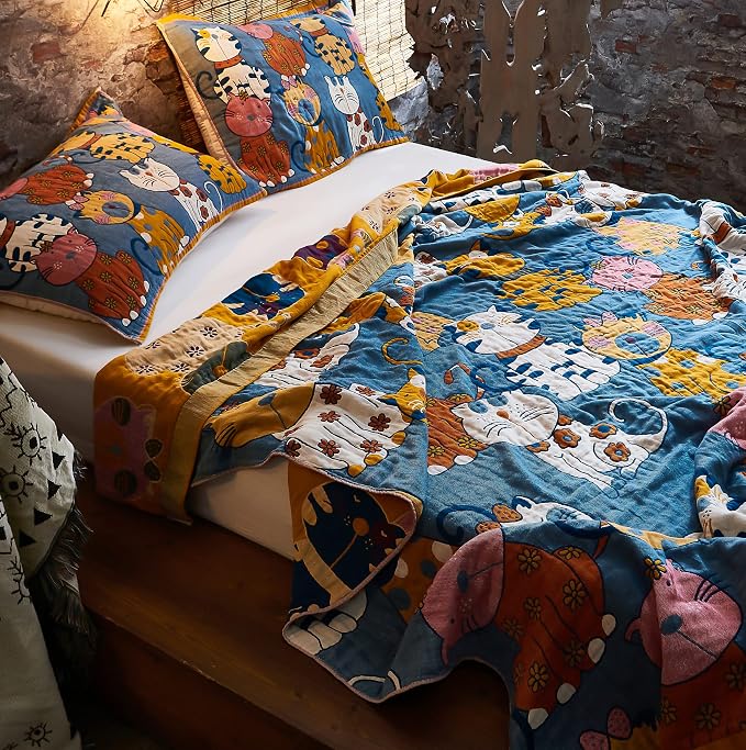 MEJU Kitty Cat Kids Child Girls Muslin Blanket Throw Reversible Cover for Bed Sofa Couch, 100% Combed Cotton 4 Layer Soft Warm Cartoon Throw Blanket Bed Cover Quilt Sheet Cats Blue F/Q 80 in x 90 in