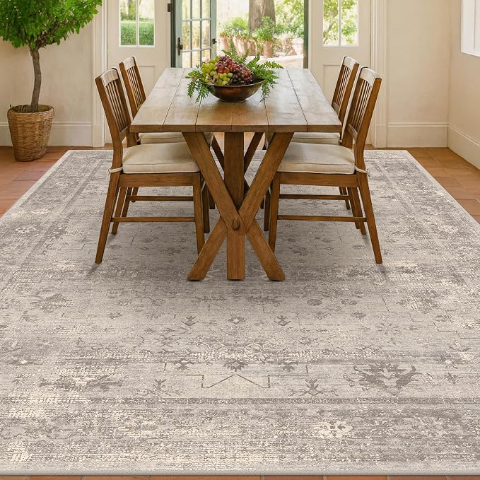 Greige 9x12 Washable Area Rug for Living Room, Distressed Granite-Inspired Geometric Carpet for Dining Room & Bedroom, Soft Low Pile Non-Slip Rug for Organic Modern Homes