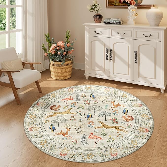 DUKINO 4ft Round Rug, Washable Round Area Rug, Non Slip Indoor Low Pile Animal Design, Soft Small Vintage Circle Carpet for Bedroom, Entryway, Living Room, Dining Room, Beige