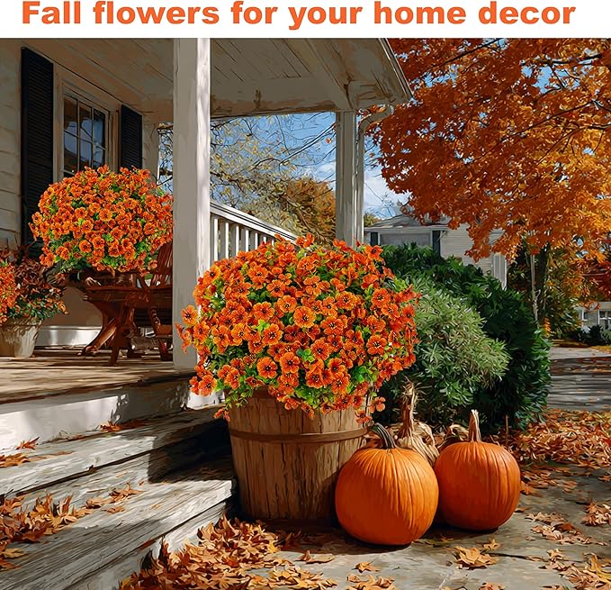 AXYLEX Artificial Fall Flowers Outdoor Fake Mums - 16 Bundles Fake Plants UV Resistant No Fade Faux Plastic Greenery Garden Porch Patio Fall Home Decor (Red Orange16)
