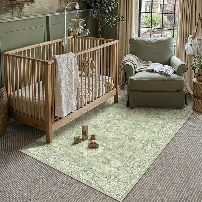 3x5 Green Washable Area Rug for Entryway Neutral Floral Soft Non Slip Carpet Low Pile Distressed Door Mat for Bathroom Bedroom Entrance Living Room