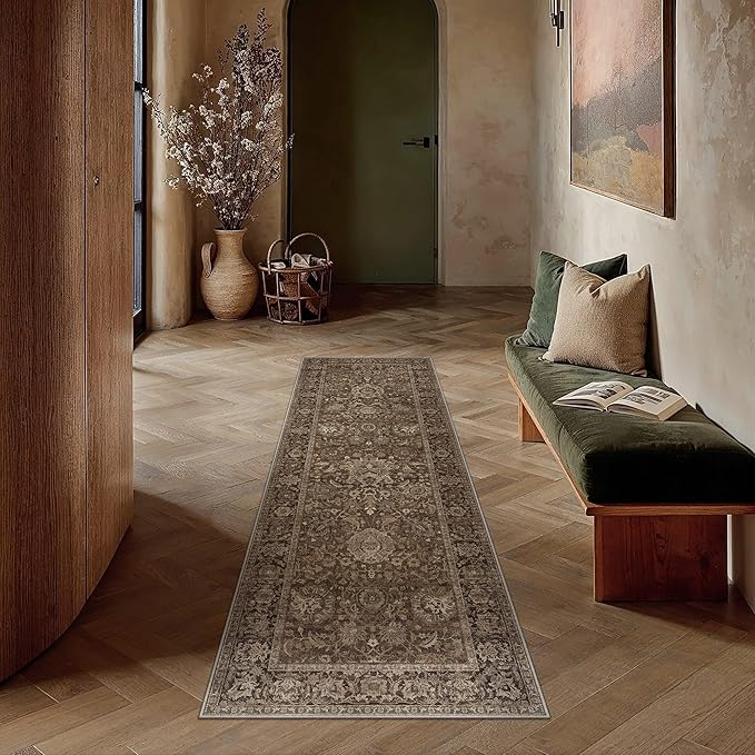 HUGEAR Hallway Runner Rugs 2x6 Brown Washable Rug Neutral Vintage Rug Carpet Distressed Soft Durable Non Slip No Shedding for Indoor Bedroom Kitchen Dining Nursery Laundry