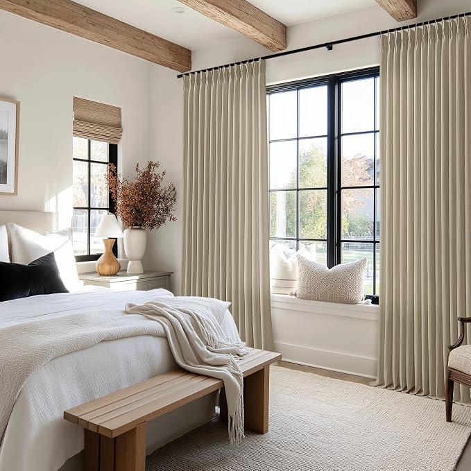 Burlap Flax linen Curtains 84 Inch Long Pinch Pleated 2 Panels for Living Room Bedroom Tan Khaki Light Brown Semi Sheer Boho Rustic Farmhouse Back Tab Pleat Drapes Floor to Ceiling 84 Inch Curtains