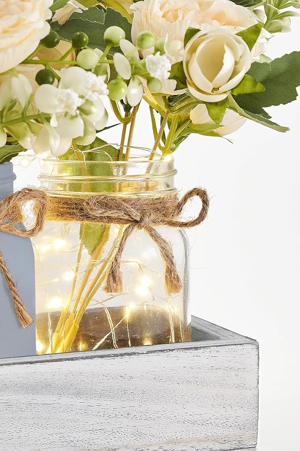 Mkono Mason Jar Lights Centerpiece Table Decor for Dining Room Farmhouse Wood Tray with 3 Jars Flowers Center Pieces Spring Decor for Coffee Table Kitchen Living Room, Grey Blue