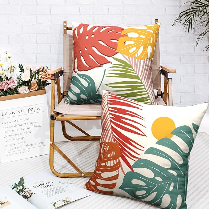 Pack of 2 Tropical Leaves Throw Pillow Covers Summer Palm Banana Leaf Pillow Covers 16x16 Abstract Sun and Monstera Leaf Cushion Case for Indoor Outdoor Decor