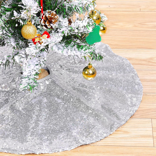 Small Christmas Tree Skirt 24 Inch Silver Tree Skirt Sequin Tree Skirt for Silver Christmas Decorations