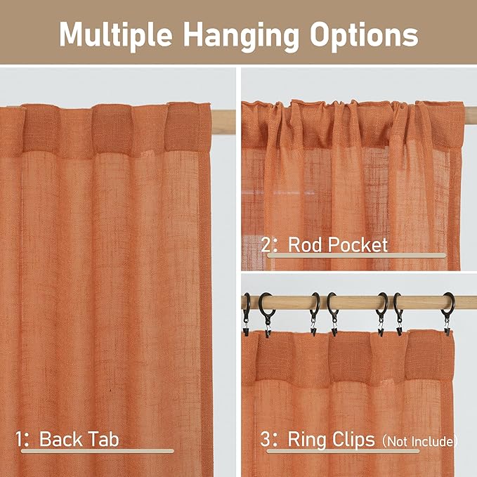 LAMIT Burnt Orange Linen Boho Curtains 80 inch Length 2 Panels, Light Filtering Semi Sheer Panels Back Tab and Rod Pocket Neutral Drapes for Bedroom/Living Room, 34 x 80 Inch