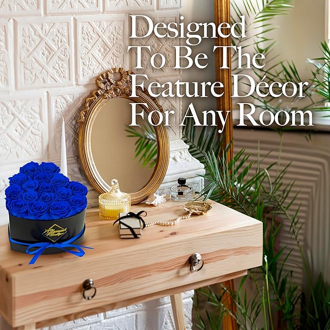 GLAMOUR BOUTIQUE 16 Flower Forever Heart Shape Box, Eternal Preserved Roses Gift for Her, Lasting Flowers, Romantic Floral Keepsake for Birthday, Anniversary or Valentine’s Day, Blue (Color-Treated)