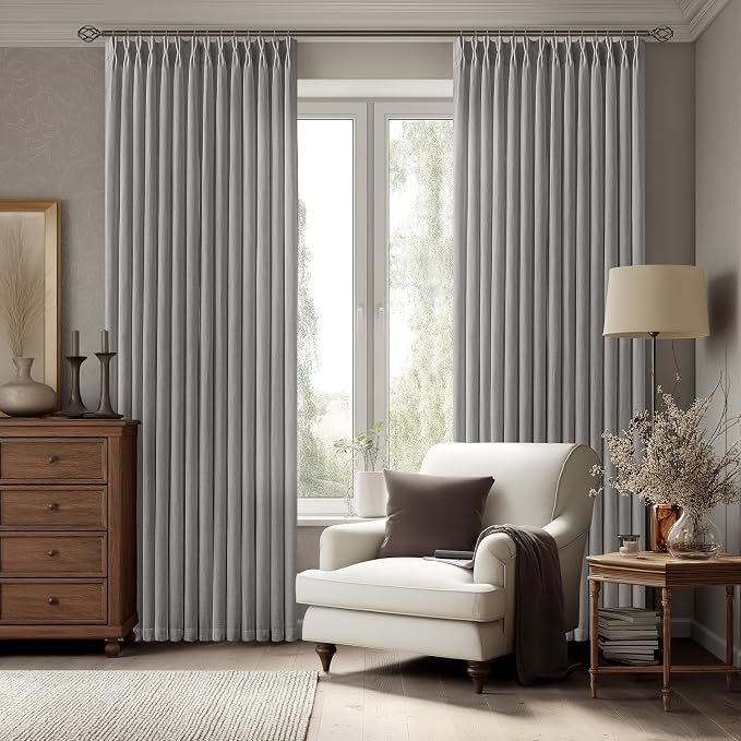 Grey Pinch Pleated Semi Sheer Curtains 63 Inch Length for Living Dining Room Kitchen Linen Blend Light Filtering Pinch Pleat Linen Drapes Back Tab 2 Panels Bedroom Gray Window Curtains 40x63