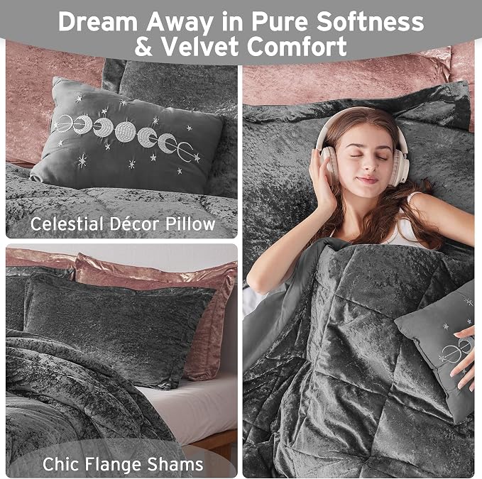 Intelligent Design Queen Duvet Cover Set, Velvet Queen Duvet Set, Luxury Diamond Quilting Grey Duvet Cover, Fluffy Duvet Cover with Decorative Pillow and 2 Shams, 4 Pieces, Grey, Full/Queen