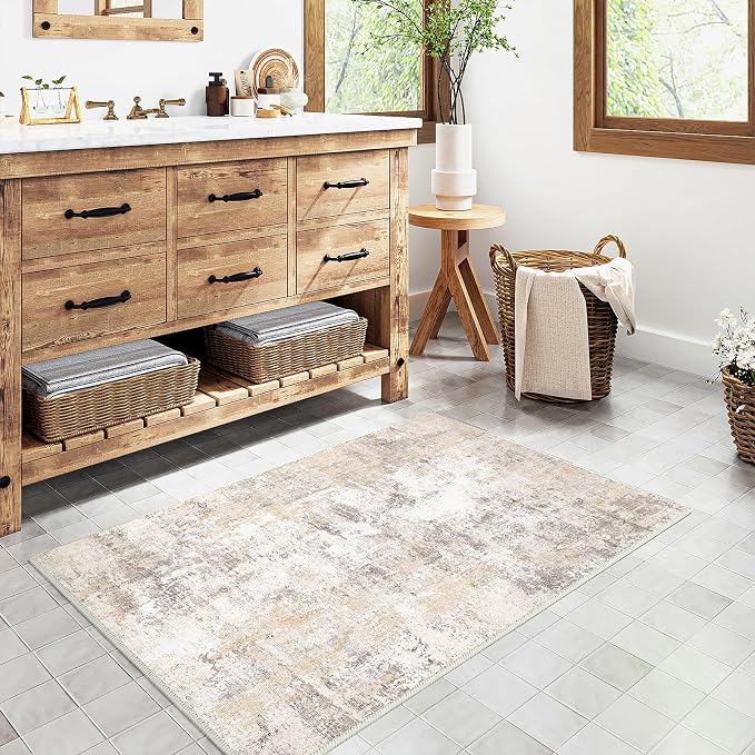 2x3 Washable Area Rug Beige Grey Abstract Non Slip Soft Low Pile Small Rug for Entryway Kitchen Bathroom Neutral Modern Throw Carpet for Living Room Bedroom Home Decor