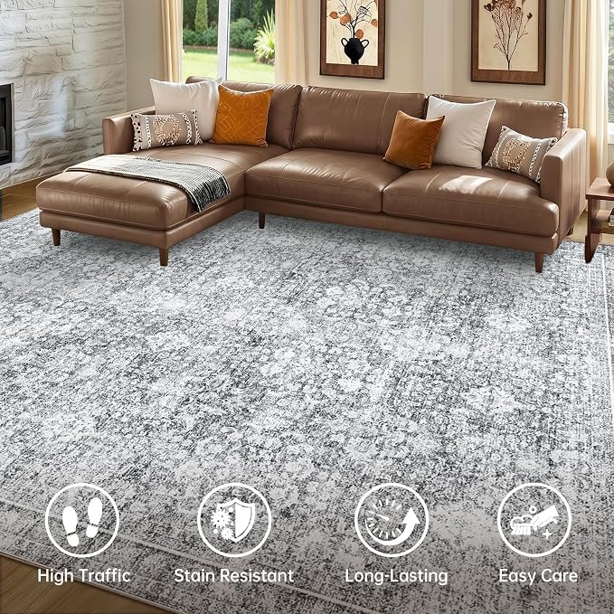 Sasttie 9x12 Area Rug, Ultra-Soft Washable Rug, Low Pile Foldable Thin Carpets with Non-Slip Backing, Skin-Friendly Stain Resistant Carpet for Living Room, Bedroom, Kitchen, Dorm, 9x12, Light Grey