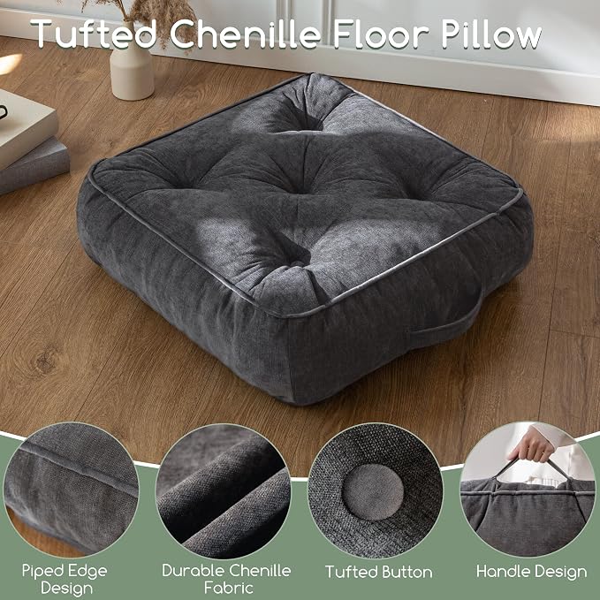 6" Extra Thick Floor Pillow Cushion for Adults, Meditation Cushion Pillow with Handle, Lustrous Chenille Tufted, Square Floor Sitting for Tatami Living Room or Yoga, 22x22 Inch, 2Pack, Dark Grey