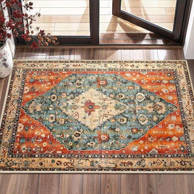 SERISSA Boho Rugs for Entryway, 2x3 Tribal Entryway Rug Non-Slip Washable Small Area Rug, Ultra Soft Oriental Vintage Low-Pile Indoor Door Mat Floor Carpet for Entrance Bedroom Kitchen Bathroom
