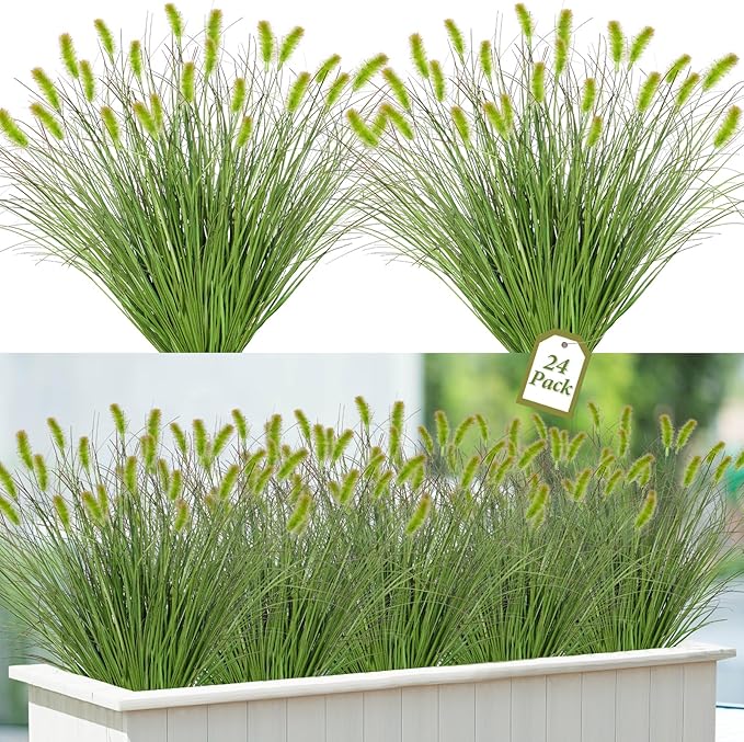 24PCS Artificial Dog Tail Grass Plant UV Resistant Outdoors Faux Plants Ornamental Wheat Grass Cattails Artificial Flowers Home Decor for Outdoor Garden