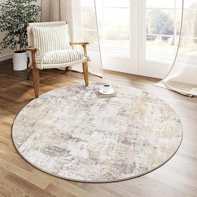4x4 Washable Round Rug Beige Grey Abstract Non Slip Soft Low Pile Circle Rug for Dining Room Office Entryway Neutral Modern Indoor Carpet for Living Room Bedroom Home Decor