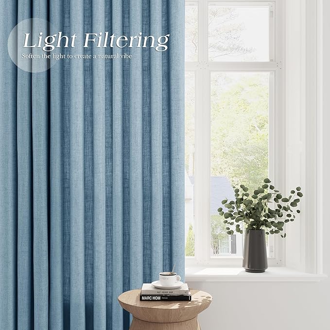 Dusty Blue Linen Curtains 120 Inches Long for Living Room Grommet Light Filtering Flax Farmhouse Sheer Tall Curtain 2 Panels Set Blue Grey Modern Lightweight High Ceiling Window Drapes 52x120