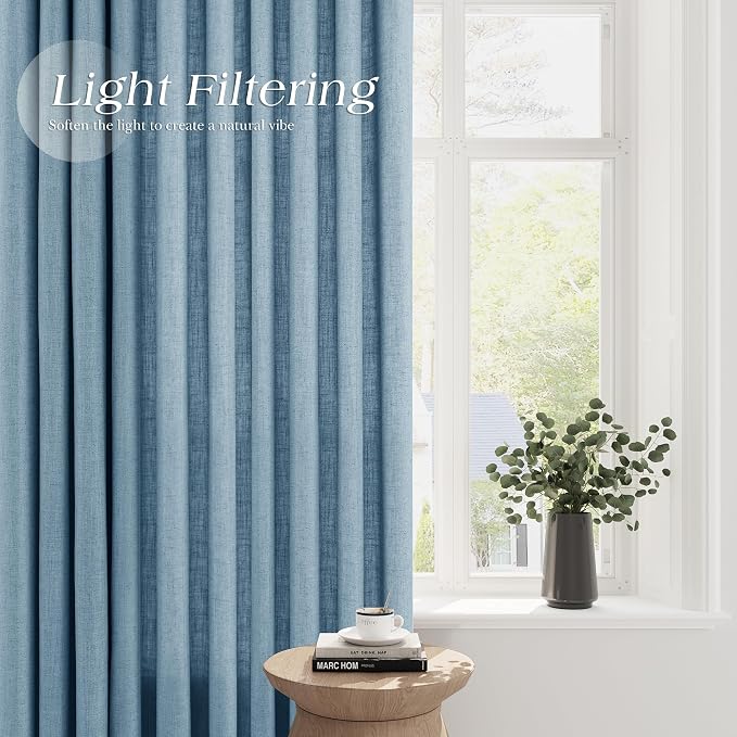 Dusty Blue Linen Curtains 84 Inch Length for Living Room Bedroom 2 Panels Set Grommet Faux Linen Semi Sheer Light Filtering Drapes Dirty Blue Aesthetic Farmhouse Rustic Window Curtain Decor 52X84